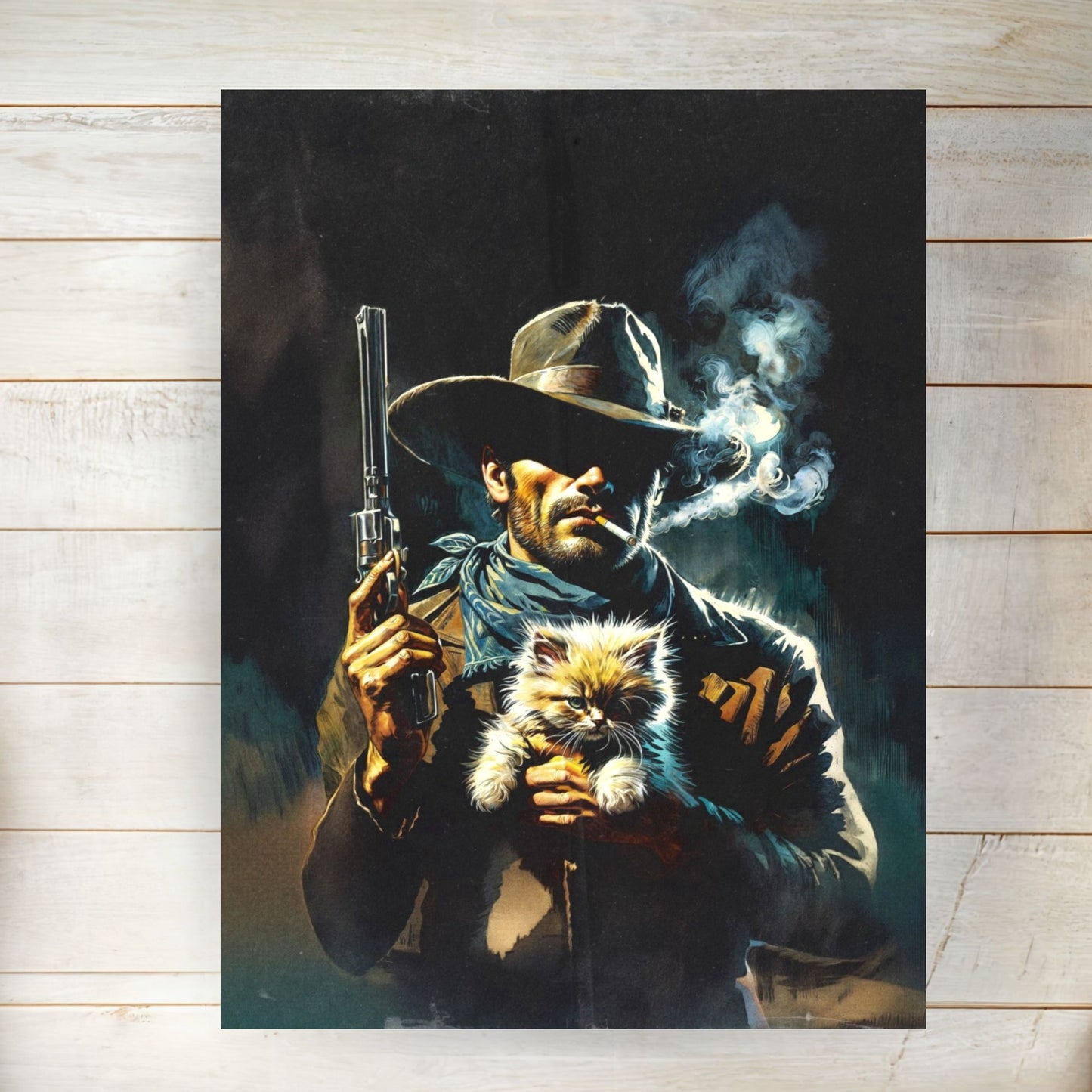 Poster Print - Smoking Cowboy with Kitten, Western Style Gunslinger Portrait