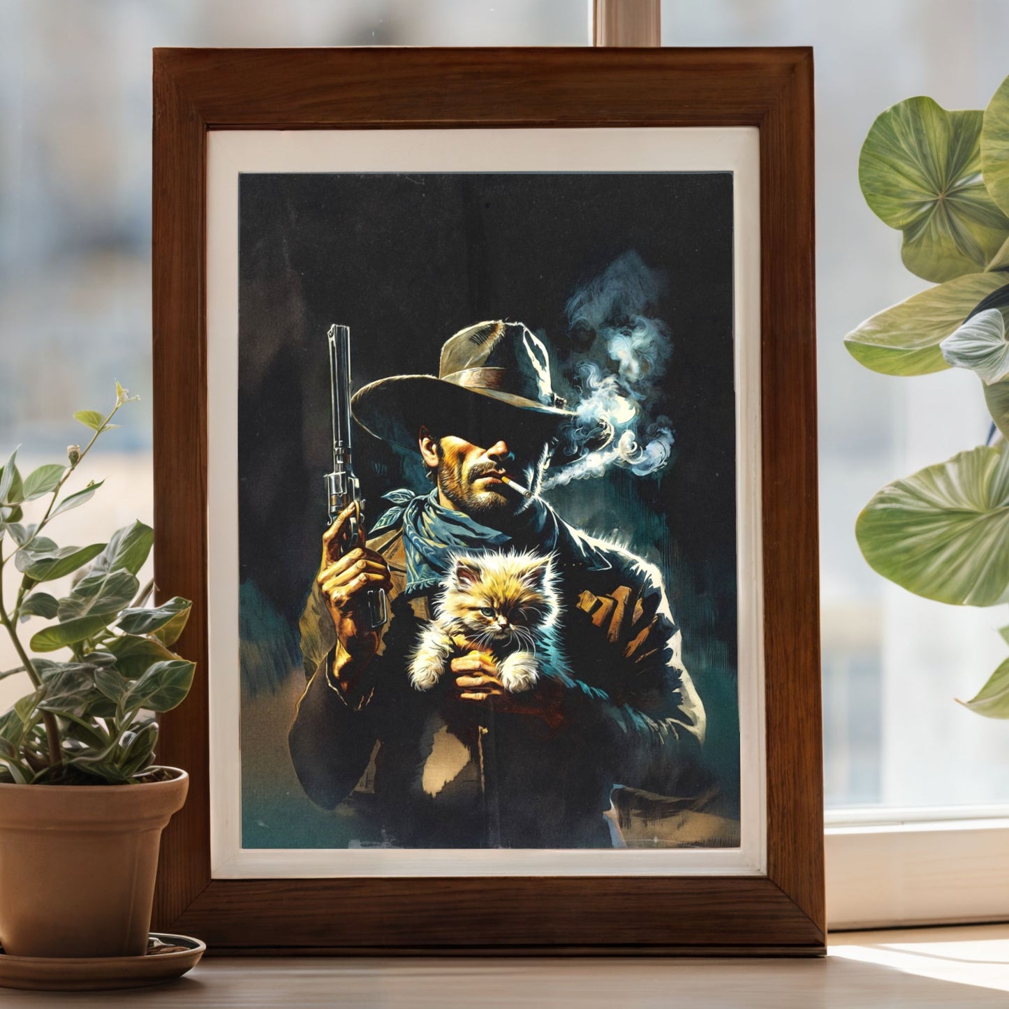 Poster Print - Smoking Cowboy with Kitten, Western Style Gunslinger Portrait