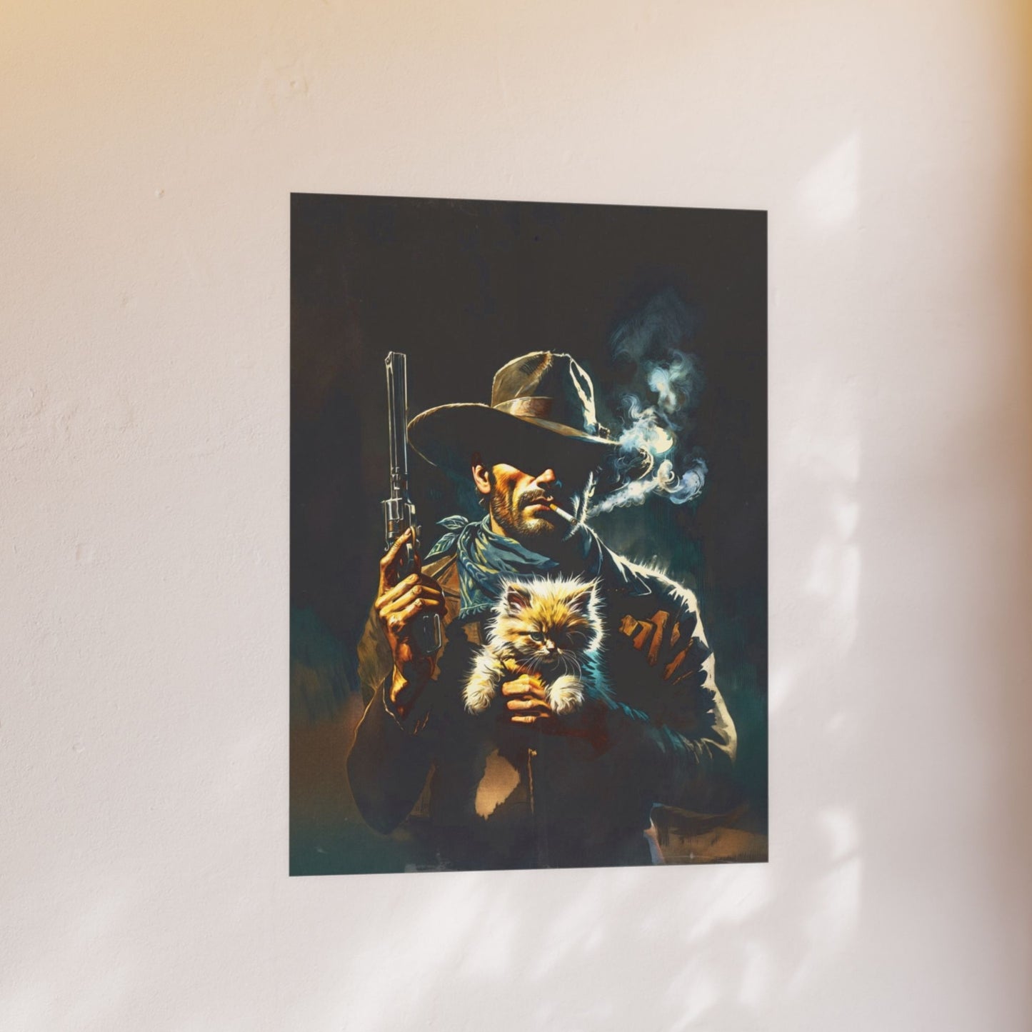 Poster Print - Smoking Cowboy with Kitten, Western Style Gunslinger Portrait