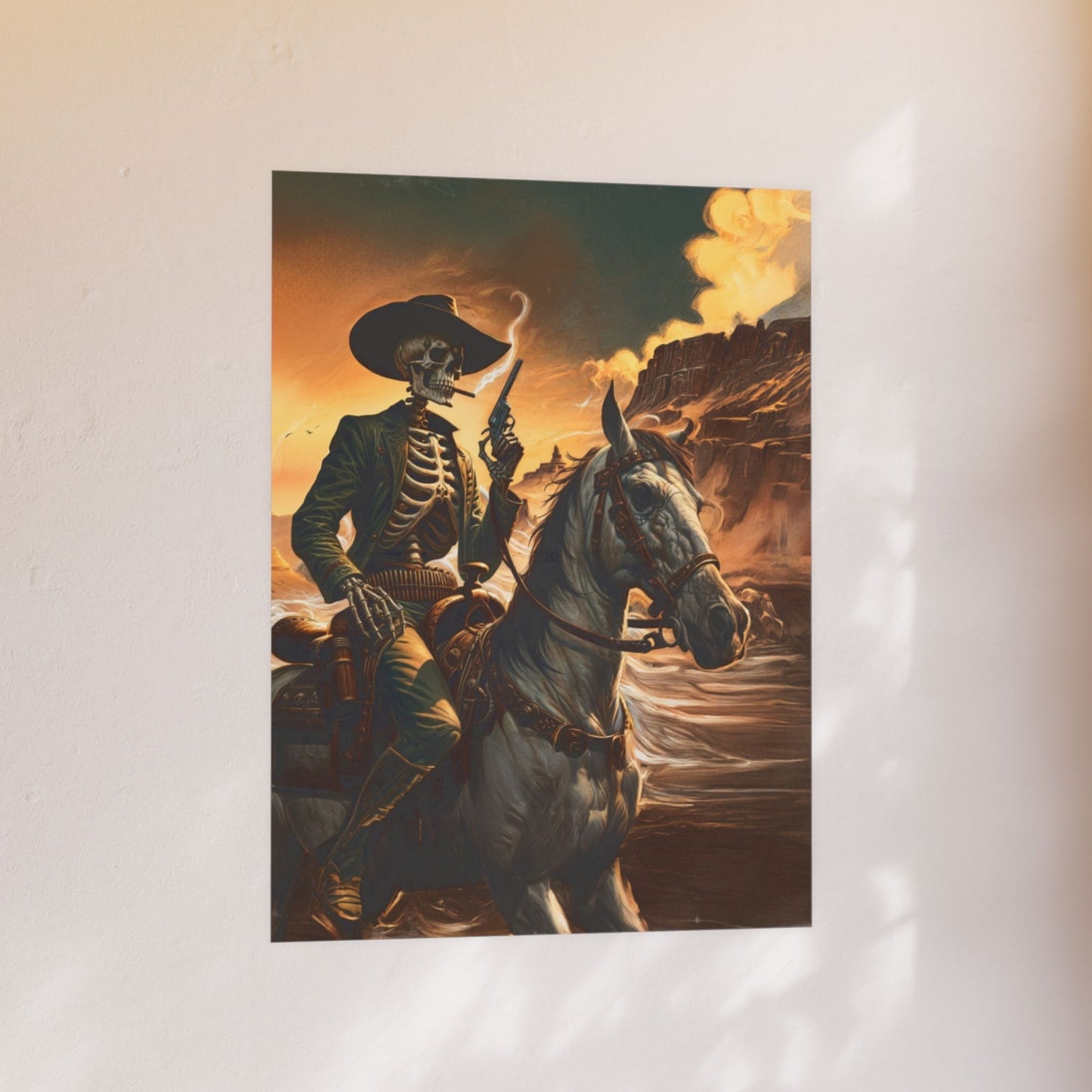 Poster - Smoking Cowboy Skeleton Riding Pale Horse Retro Western Gunslinger Portrait