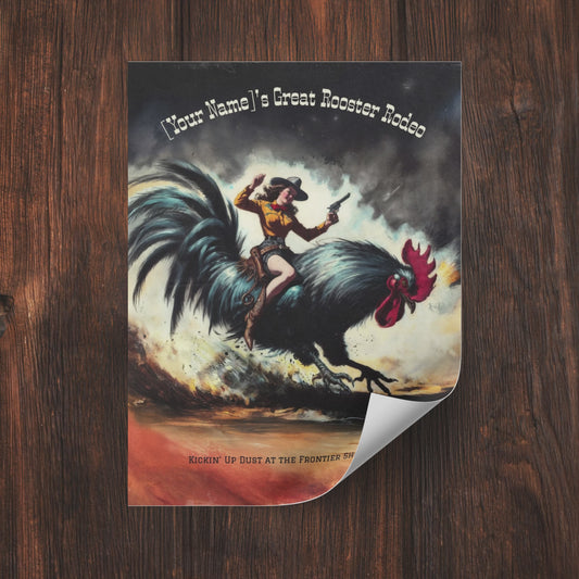 Poster: Retro Ridin' the Rooster Rodeo Cowgirl Western Art